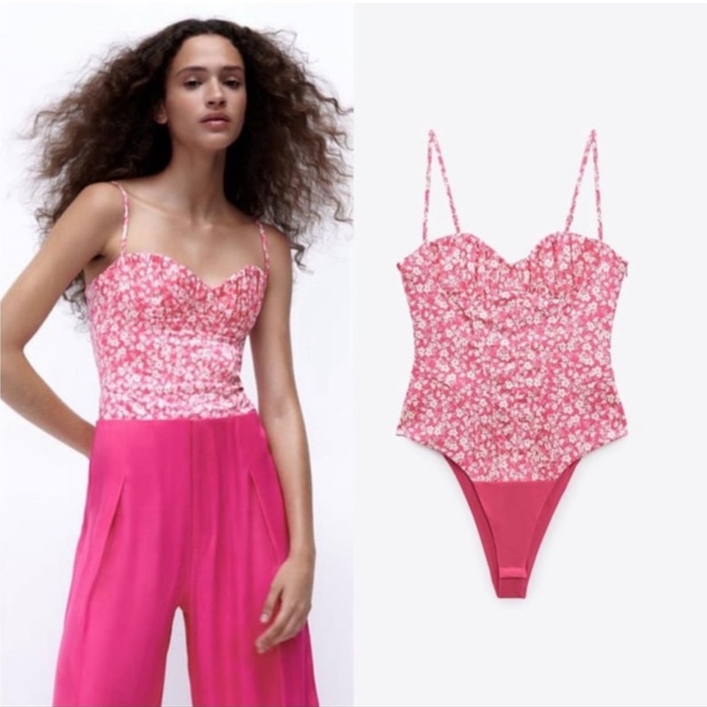 NWT Zara Barbie Pink Tones printed corset bodysuit sweetheart Sz XS